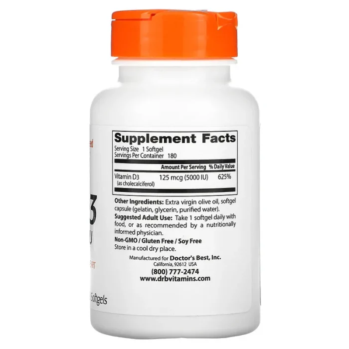 Doctor's Best Vitamin D3 125 mcg (5,000 IU) 180 Softgels - Image 2
