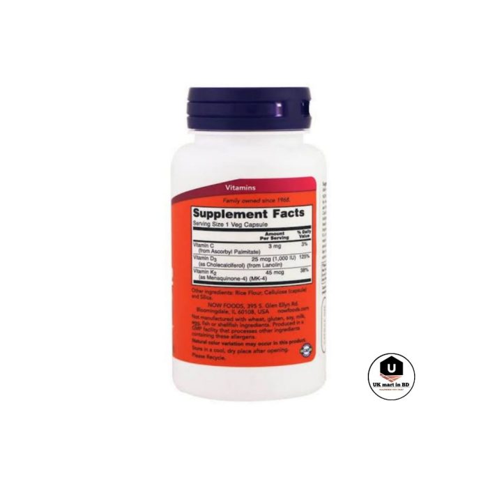 NOW Foods Vitamin D-3 & K-2, 120 Veg Capsules - Image 2
