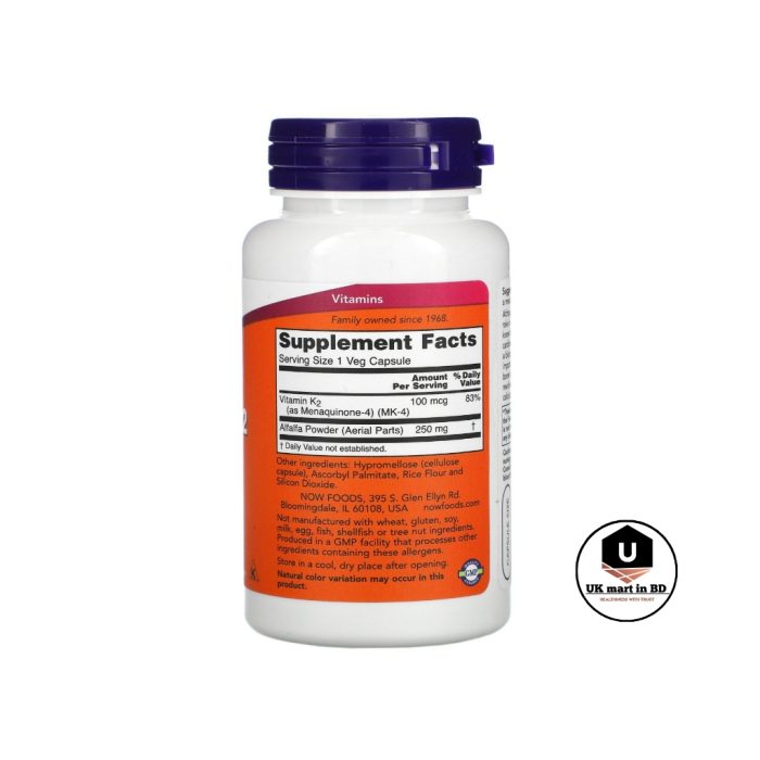 NOW Foods Vitamin K-2 100 mcg, 100 Veg Capsules - Image 2