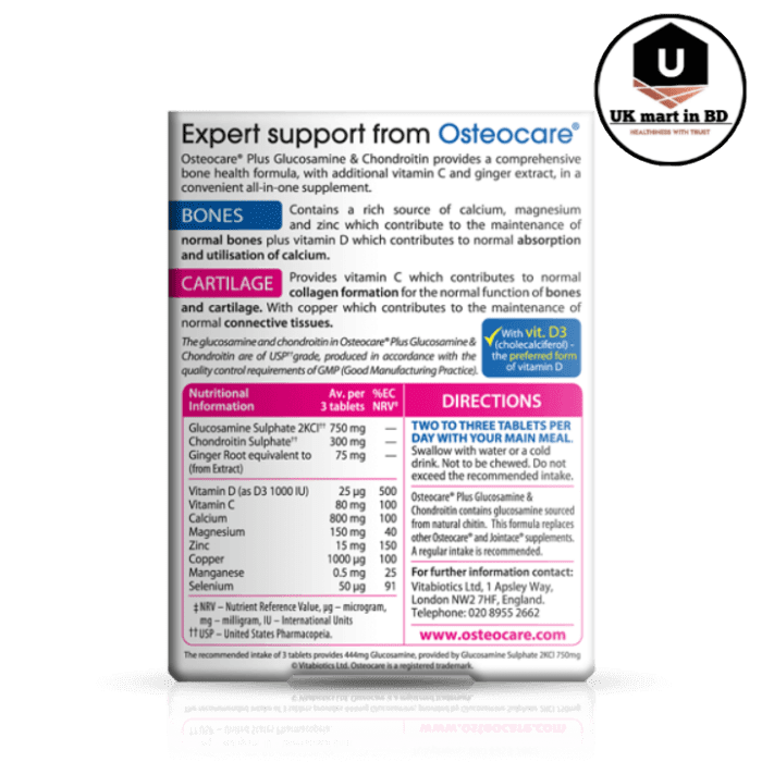 Vitabiotics Osteocare Glucosamine and Chondroitin 60tablet - Image 2