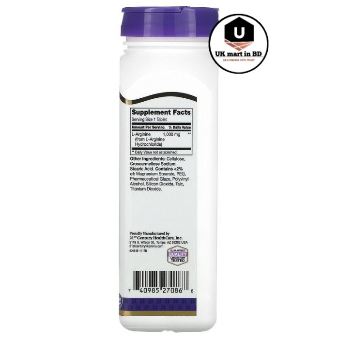 21st Century L-Arginine 1,000 mg 100 Tablets - Image 2